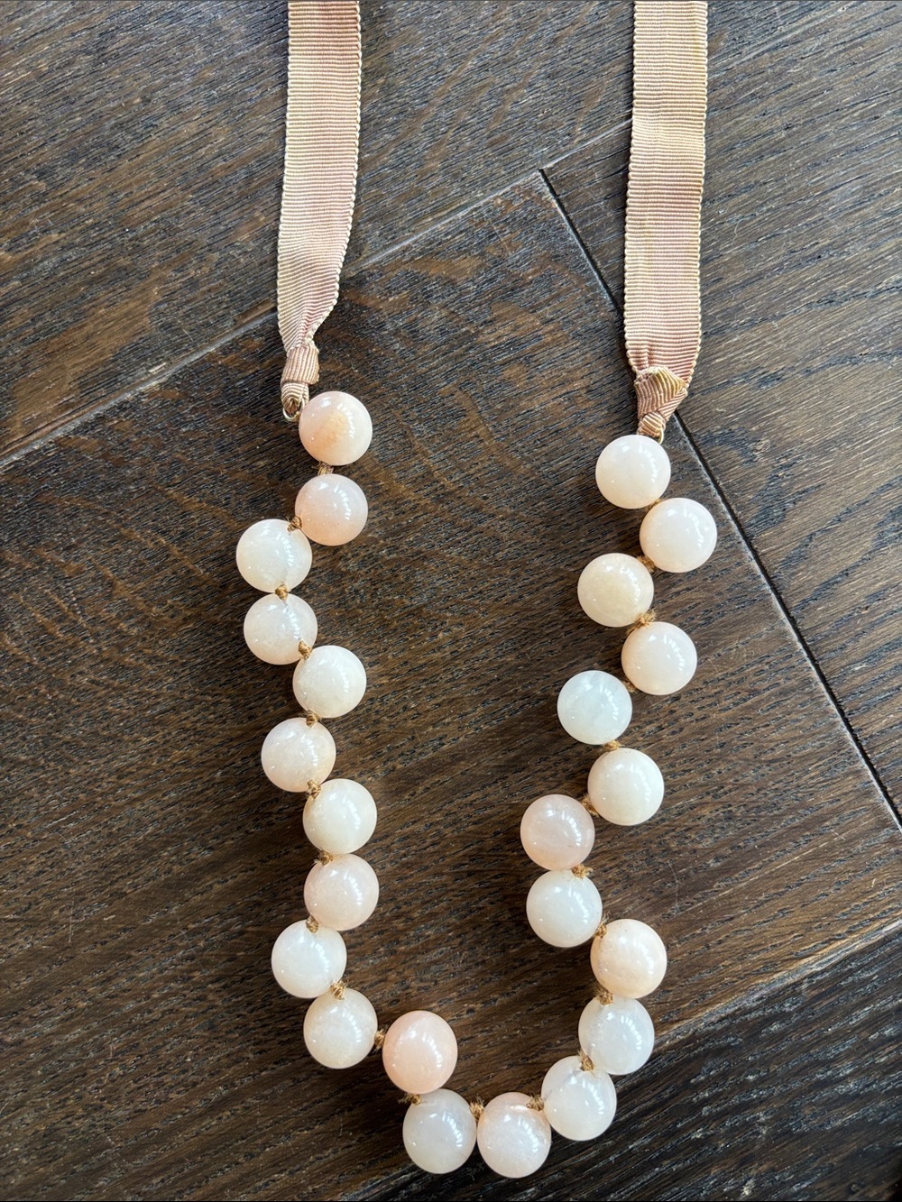 Pink Jade Stone Beaded Ribbon Tie Necklace